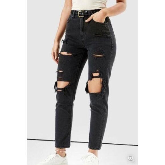 American Eagle Black Distressed High Waist Mom Jean Comfort Stretch Waistband 2 - Picture 14 of 14